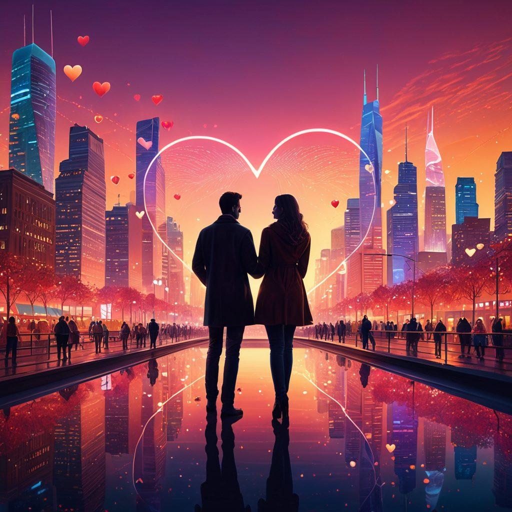 A beautiful, modern cityscape showcasing a diverse group of couples connecting through technology, with glowing smartphone screens and heart-shaped notifications around them. The backdrop features romantic elements like a sunset and city lights, symbolizing connections. Include visual metaphors like pathways made of digital data flowing between individuals, blending old-fashioned romance with contemporary technology. vibrant colors. super-realistic.