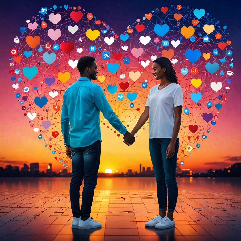 A couple holding hands while surrounded by a digital world filled with social media icons and heart emojis, showcasing a blend of online and offline connection. The background features a glowing network grid symbolizing connectivity, with a soft, romantic sunset in the distance. The couple looks happy and engaged in conversation, representing modern relationships in the digital age. vibrant colors. super-realistic.