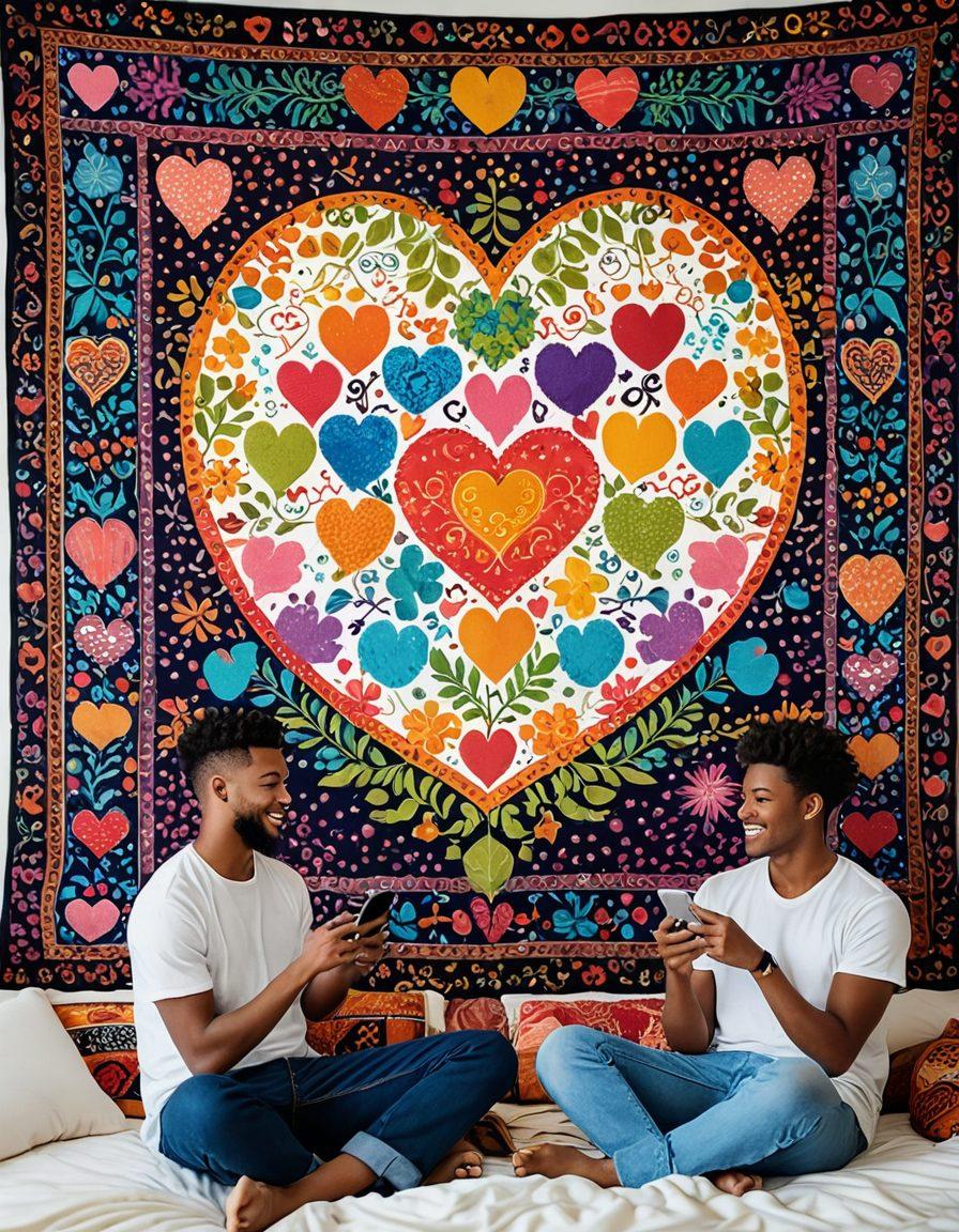 A colorful tapestry intricately woven with symbols of love, digital hearts, chat bubbles, and interconnected vines representing modern relationships. In the foreground, a diverse group of people communicating through smartphones, showcasing different cultural backgrounds. A warm, inviting atmosphere with soft glows and vibrant colors, depicting a blend of traditional and digital romance. super-realistic. vibrant colors. white background.